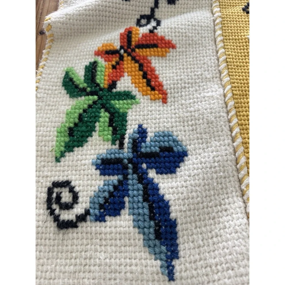 Vintage Hand Needlepoint Floral Afghan Cottagecore Farmhouse Wall Art 42x62